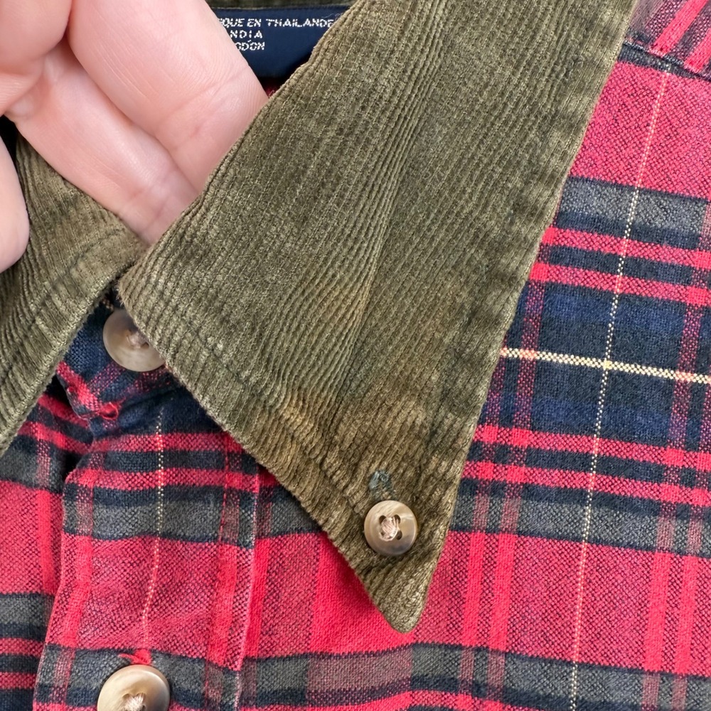 Vintage Nautica Tartan Flannel Shirt L w/ Corduroy Collar – Holiday Cabin Plaid‎ - Picture 5 of 9
